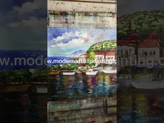 गोदी पर हाथ से पेंट की गई लाल नावें अमूर्त ऐक्रेलिक पेंटिंग