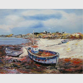 हाथ से पेंट की गई मछली पकड़ने की नाव तेल पेंटिंग, समुद्र तट पर अमूर्त कैनवास पेंटिंग